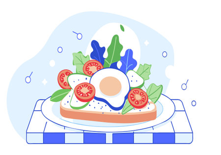 A plate of food with a tomato, egg, and lettuce on it. The plate is on a wooden tableのイラスト素材