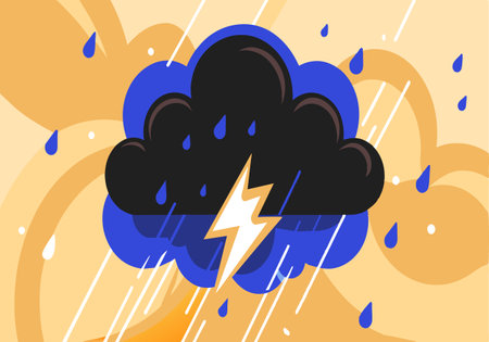 A cartoon drawing of a stormy sky with a lightning bolt and rain falling. Scene is ominous and forebodingのイラスト素材