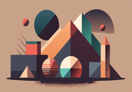 A colorful drawing of a cityscape with buildings and mountains. The drawing is abstract and has a playful, whimsical feel to itのイラスト素材