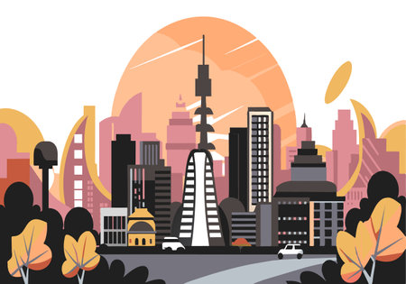 A cityscape with a tall tower in the middle and a large sun in the background. The city is bustling with activity and the sun is setting, creating a warm and inviting atmosphereのイラスト素材