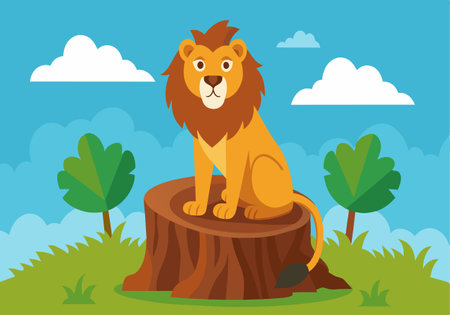 A cartoon lion is sitting on a log in a grassy field. The sky is cloudy, and the lion appears to be looking up at somethingのイラスト素材