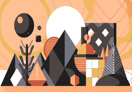 A colorful drawing of mountains, trees, and a sun. The mountains are in various shapes and sizes,...