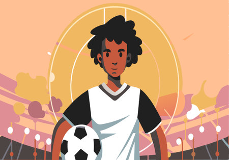 A young man in a white and black soccer uniform holds a soccer ball. The image has a bright, energetic feel to it, with the young man standing tall and ready to playのイラスト素材