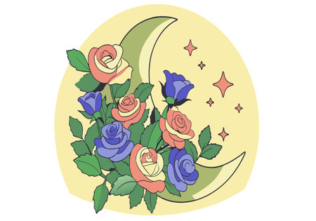 A flowery arrangement is placed on top of a crescent moon. The flowers are of various colors and sizes, and they are arranged in a way that creates a sense of harmony and balance.のイラスト素材
