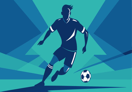 A soccer player is kicking a soccer ball on a field. The image has a blue and green color scheme, giving it a lively and energetic moodのイラスト素材