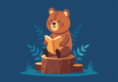 A cartoon bear is sitting on a log and reading a book. The bear is smiling and he is enjoying the book. Concept of warmth and happiness, as the bear is engaging in a leisurely activityのイラスト素材