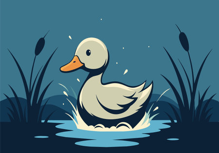 A cartoon duck is swimming in a pond. The duck is white and has a black beak. The pond is surrounded by tall grassのイラスト素材