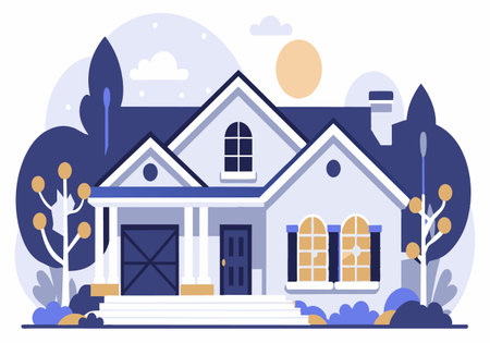 A large house with a garage and a porch. The house is surrounded by trees and bushes. The house has a lot of windows, which let in a lot of natural lightのイラスト素材