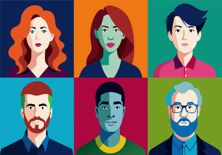 A group of people with different hair colors and facial features. The image is a collage of different faces, with each person having a unique appearance. Scene is one of diversity and individualityのイラスト素材