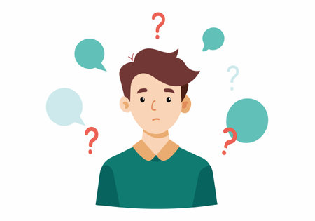 A man with a green shirt is looking at a bunch of questions. He seems to be confused and unsure of what to doのイラスト素材