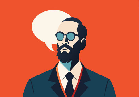 A man with glasses and a beard is standing in front of a red background. He is wearing a suit and tieのイラスト素材