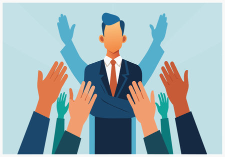 A man in a suit is surrounded by people giving him a thumbs up. Concept of success and achievement,...
