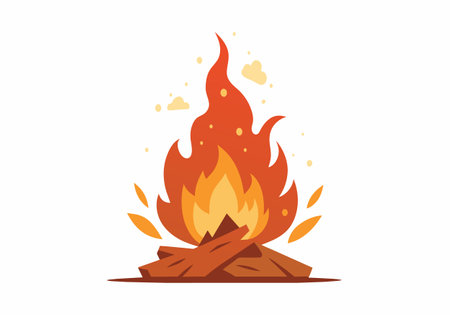A cartoonish drawing of a fire with orange flames and a white background. The fire is surrounded by wood and he is a campfireのイラスト素材