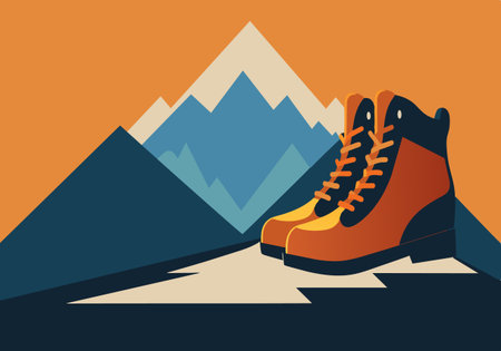 A pair of orange hiking boots are on a mountain. The boots are on a road that is surrounded by mountainsのイラスト素材