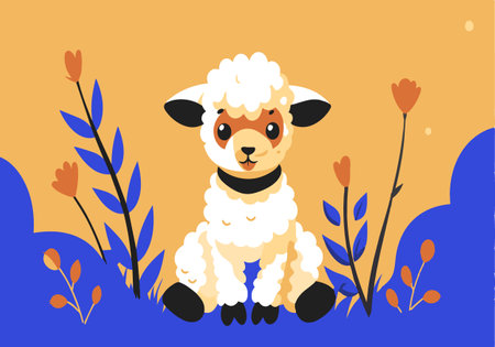 A cartoon sheep is sitting in a field of flowers. The sheep is smiling and looking at the camera. The flowers are in various colors and sizes, and they are scattered throughout the fieldのイラスト素材