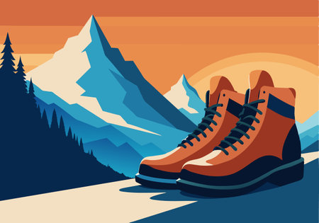 A pair of brown boots are on a mountainのイラスト素材