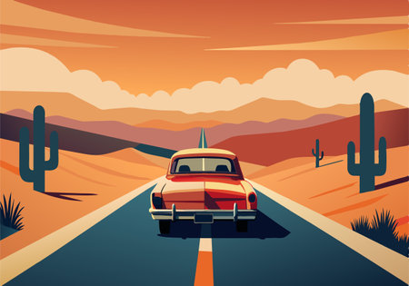 A red car is driving down a road in the desert. The car is the main focus of the image, and the desert landscape in the background creates a sense of isolation and adventure. Scene is one of freedomのイラスト素材