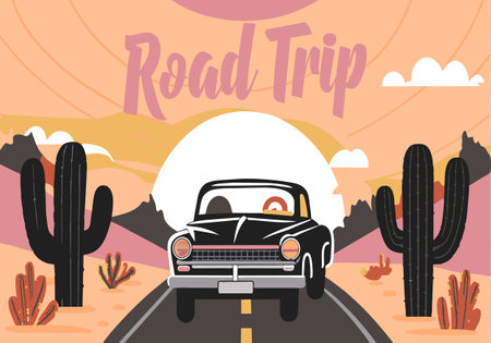 A cartoon of a car driving down a road with a sign that says Road Trip. The car is black and has a man and a woman in the front seat. The background features a desert with cacti
