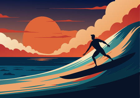 A man is surfing on a wave in the ocean. The sky is orange and the sun is settingのイラスト素材