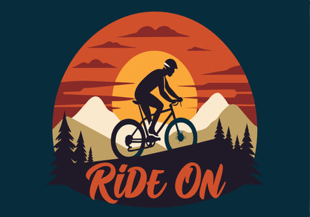 A man is riding a bike in a mountainous area. The image is titled "Ride On"のイラスト素材