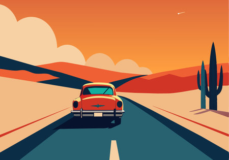 A vintage car is driving down a road in a desert. The sky is orange and there is a cactus in the backgroundのイラスト素材