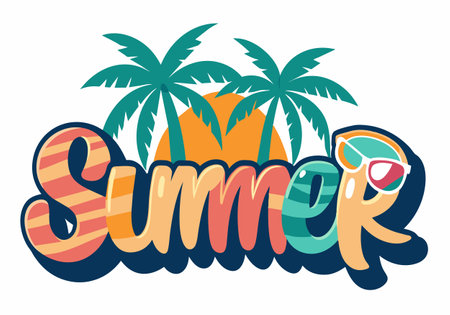 The image is a colorful and vibrant representation of the word "summer." The word is written in a playful and fun font, with each letter having its own unique designのイラスト素材