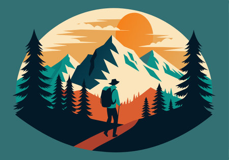 A man is walking on a path in the woods with a backpack. The sky is orange and the sun is setting behind the mountains. Scene is peaceful and serene, as the man is enjoying a quiet walk in natureのイラスト素材