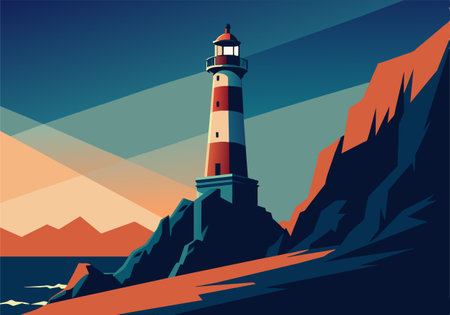 A lighthouse is on a rocky shoreline with a blue sky in the background. The lighthouse is a prominent feature of the scene, and the rocky shoreline adds a sense of ruggednessのイラスト素材