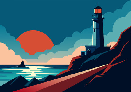 A lighthouse is on a rocky shoreline with a sunset in the background. The lighthouse is tall and has a red light on top. The sky is cloudy and the water is calmのイラスト素材
