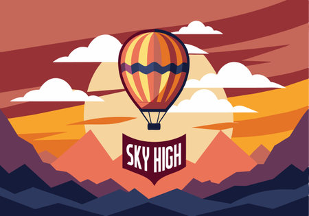 A colorful hot air balloon with a banner that says Sky High. The image is of a mountain range with a sunset in the backgroundのイラスト素材