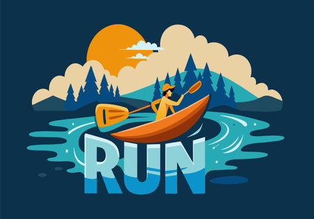 A woman is paddling a canoe in a river. The word RUN is written in white letters below the canoeのイラスト素材