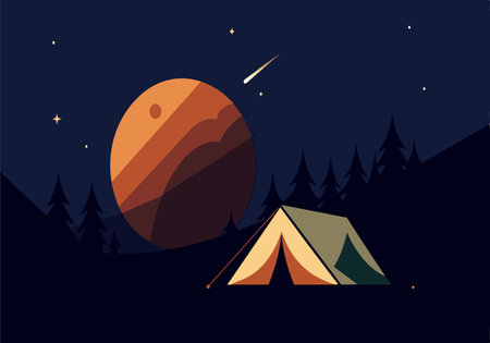 A tent is set up in front of a large orange planet. The scene is set in a forest at night, with a bright star in the skyのイラスト素材