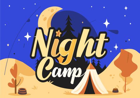 A poster for a night camp with a tent and a moon in the background. The poster is colorful and has a fun, adventurous vibeのイラスト素材