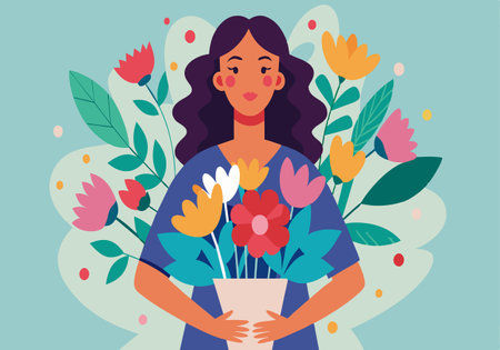 Vibrant illustration of a woman holding a bouquet of flowers, surrounded by abstract colorful plants and leaves.のイラスト素材