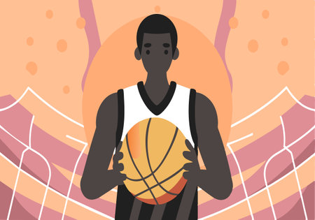 Abstract illustration of a basketball player holding a ball, set against an artistic background with vibrant colors.のイラスト素材