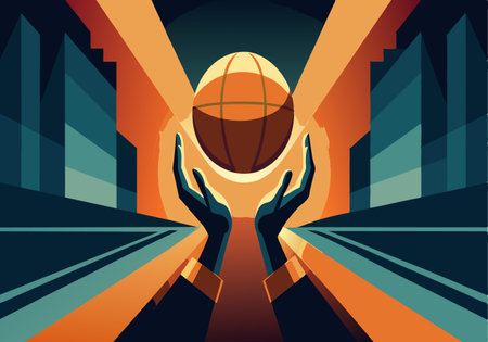 Abstract geometric illustration featuring hands reaching towards a basketball, set against a dynamic background with bold colors and sharp angles.のイラスト素材