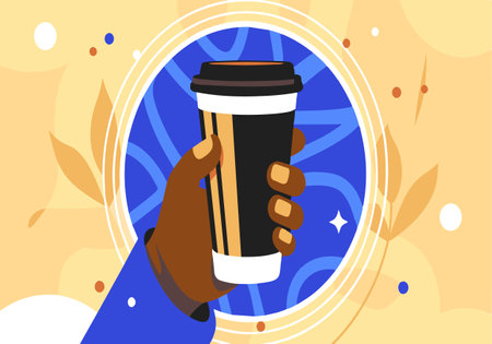 Colorful illustration of a hand holding a black coffee cup with a vibrant abstract background. Perfect for concepts of coffee, relaxation, and morning routine.のイラスト素材