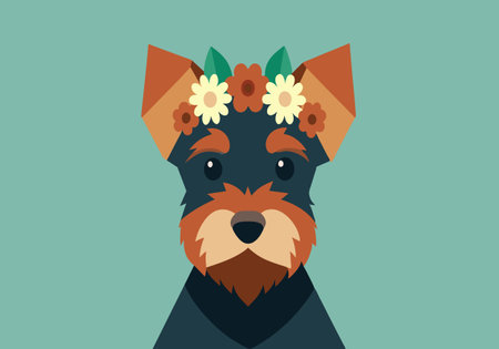 Adorable cartoon illustration of a dog wearing a floral crown, set against a green background. Perfect for pet lovers and whimsical artwork.のイラスト素材