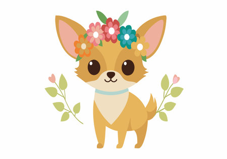 Adorable cartoon chihuahua with a flower crown, surrounded by simple floral elements. Perfect for kids' designs, greeting cards, and playful decor.のイラスト素材