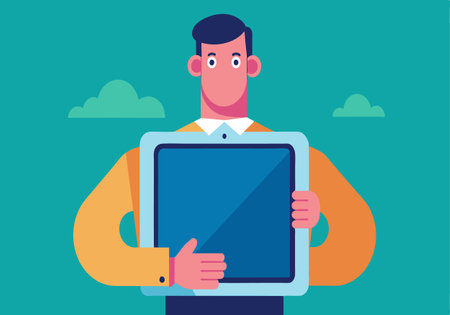 Colorful vector illustration of a man holding a tablet. The background is blue with some clouds, emphasizing technology and communication concepts.のイラスト素材