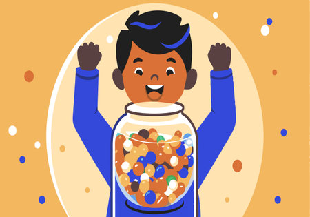 Illustration of a happy child with a jar of colorful candies, celebrating with raised arms and a big smile.のイラスト素材