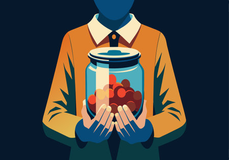 Abstract illustration depicting a person holding a jar filled with colorful spheres, symbolizing preservation and care.のイラスト素材