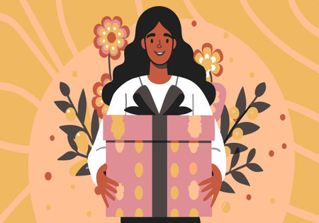 Illustration of a happy woman holding a wrapped gift with a floral background, symbolizing joy, celebration, and generosity.のイラスト素材