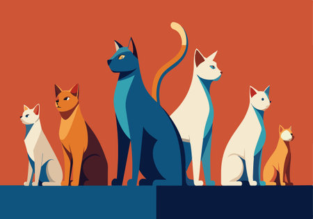 Artistic depiction of a group of colorful cats in a modern and abstract style against a warm, vibrant background.のイラスト素材