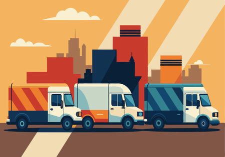 Colorful vector illustration of three delivery trucks in an urban landscape with buildings and clouds.のイラスト素材
