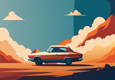 A vibrant illustration of a retro car set against a colorful mountainous backdrop with clouds in the sky, evoking feelings of adventure and nostalgia.のイラスト素材