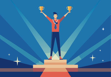 Illustration of a businessman standing on a podium holding trophies and wearing a medal, celebrating success and achievement.のイラスト素材
