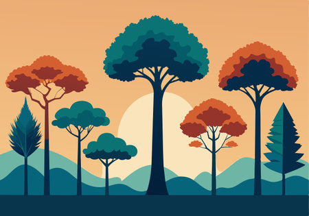 Illustration of a vibrant sunset landscape featuring stylized trees in various colors and rolling mountains. Ideal for nature-inspired designs and backgrounds.のイラスト素材