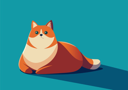 A cute cartoon cat illustration featuring a chubby orange and white cat sitting contentedly on a teal background.のイラスト素材