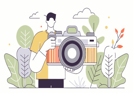 Vector illustration of a person holding a large camera, standing in nature with plants and clouds...